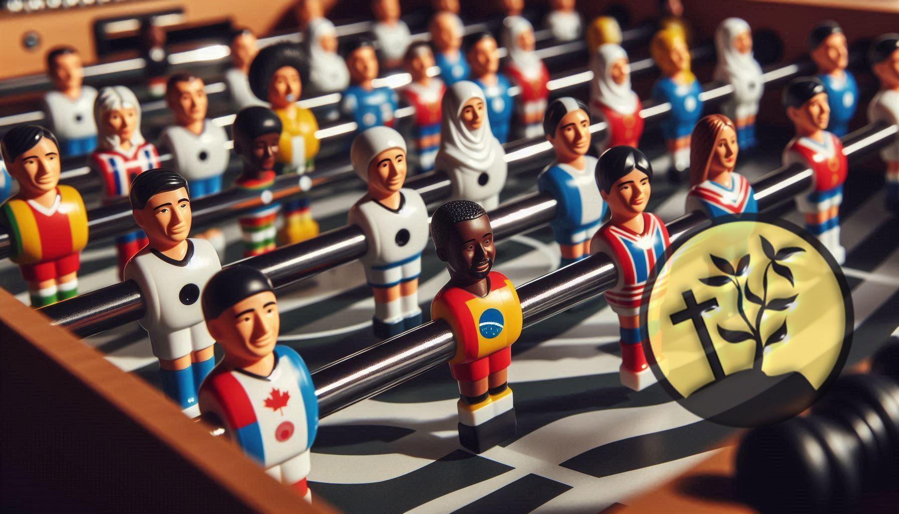 Ein Kickertisch mit Spielfiguren verschiedener Nationalitäten